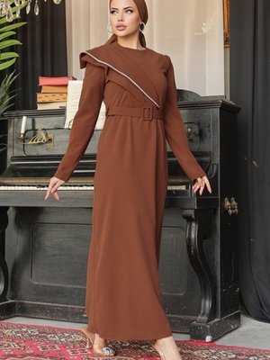 Moda Selvim Kahve Taş Detaylı Elbise