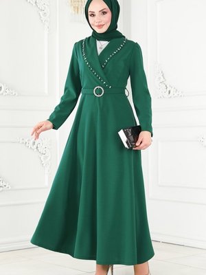 Moda Selvim Zümrüt Kruvaze Yaka Elbise