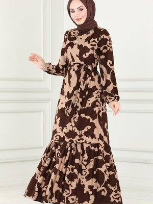 Moda Selvim Desen 2 Kahve & Vizyon Eteği Fırfırlı Desenli Elbise