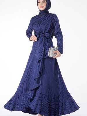 Tofisa Düz Bisiklet Yaka Lacivert Varaklı Abiye Elbise