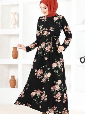 Moda Selvim Somon & Siyah Kemerli Desenli Elbise