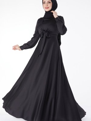 Tofisa Sıyah Düz Saten Ortadan Bağlamalı Abiye Elbise