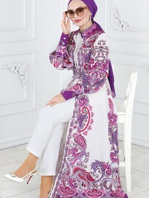 Moda Selvim Lila & Ekru Kaplama Kemerli Desenli Elbise