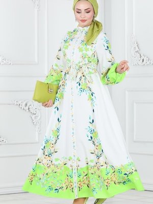 Moda Selvim Yeşil & Ekru Çiçek Desenli Elbise