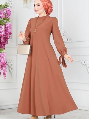 Moda Selvim Taba Manşeti Bağcıklı Krep Elbise