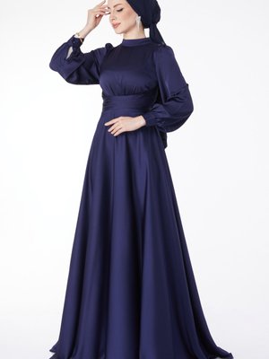 Tofisa Düz Hakim Yaka Lacivert Çapraz Kuşaklı Abiye Elbise