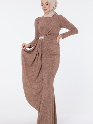 Tofisa Gold Beli Drape Detaylı Simli Abiye Elbise