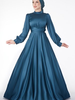 Tofisa Düz Hakim Yaka Zümrüt Çapraz Kuşaklı Abiye Elbise