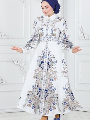 Moda Selvim Vizyon & Ekru Önden Düğmeli Atlas Elbise