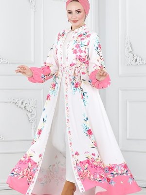 Moda Selvim Pembe & Ekru Çiçek Desenli Elbise