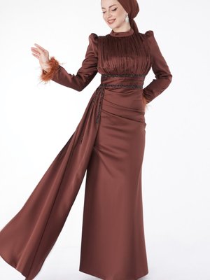 Tofisa Düz Hakim Yaka Kahve Kollu Tüylü Yakası Pileli Abiye Elbise