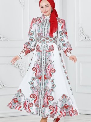 Moda Selvim Nar Çiçeği & Ekru Önden Düğmeli Atlas Elbise