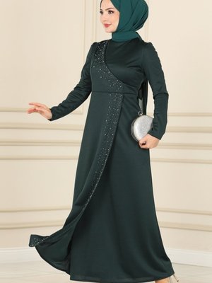 Moda Selvim Zümrüt İnci İşlemeli Elbise