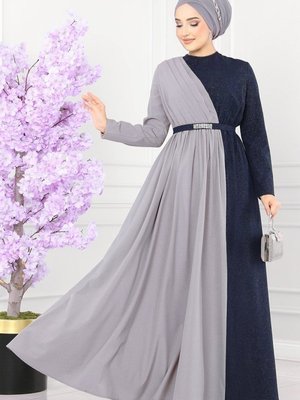 Moda Selvim Gri & Lacivert Çift Renkli Kemerli Elbise