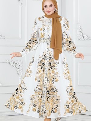 Moda Selvim Hardal & Ekru Önden Düğmeli Atlas Elbise