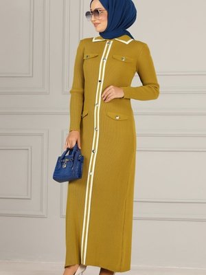 Moda Selvim Yağ Yeşili Aksesuar Düğmeli Triko Elbise