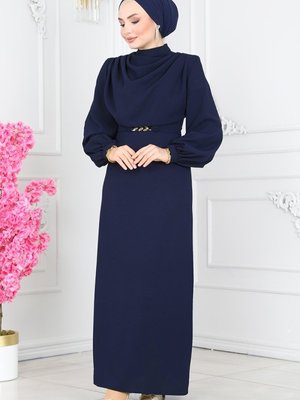 Moda Selvim Lacivert Degaje Yaka Kemerli Elbise