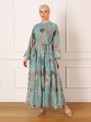 Refka Nil Yeşili Çiçek Desenli Tam Astarlı Şifon Elbise