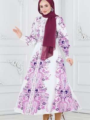 Moda Selvim Lila & Ekru Önden Düğmeli Atlas Elbise