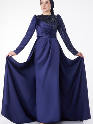 Tofisa Düz Bisiklet Yaka Lacivert Payetli Arkası Kuyruklu Abiye Elbise