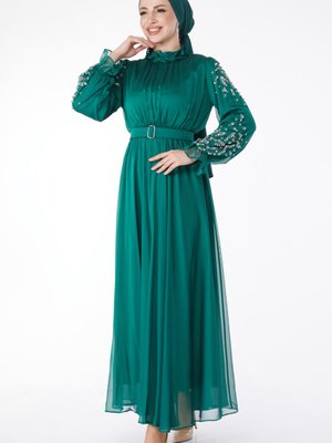 Tofisa Düz Hakim Yaka Zümrüt Kol Ve Omuz Taş Detaylı Abiye Elbise