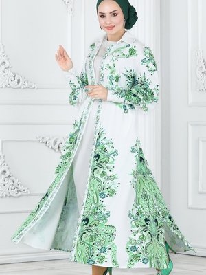 Moda Selvim Yeşil & Ekru Önden Düğmeli Atlas Elbise