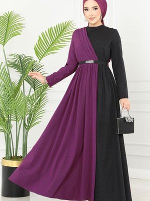 Moda Selvim Mürdüm & Siyah Çift Renkli Kemerli Elbise