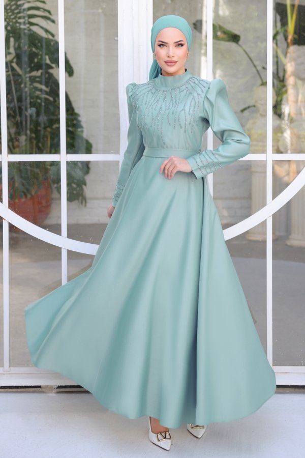 Moda Selvim Mint Taş Detaylı Saten Abiye Elbise