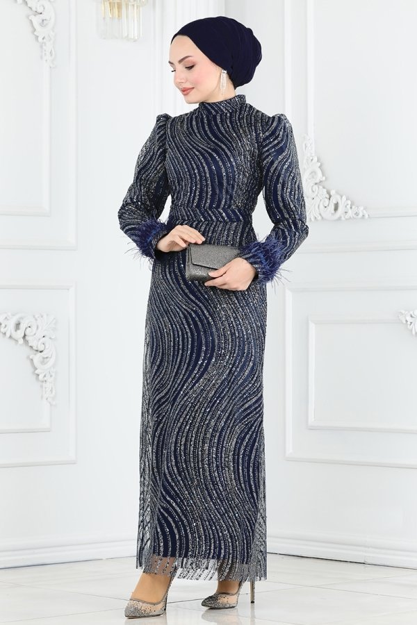 Moda Selvim Lacivert Otriş Detaylı Kalem Abiye Elbise