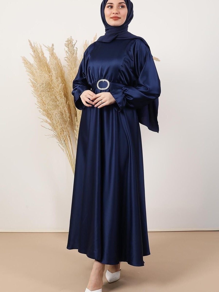 Giz Astore Beli Lastikli Saten Elbise Lacivert