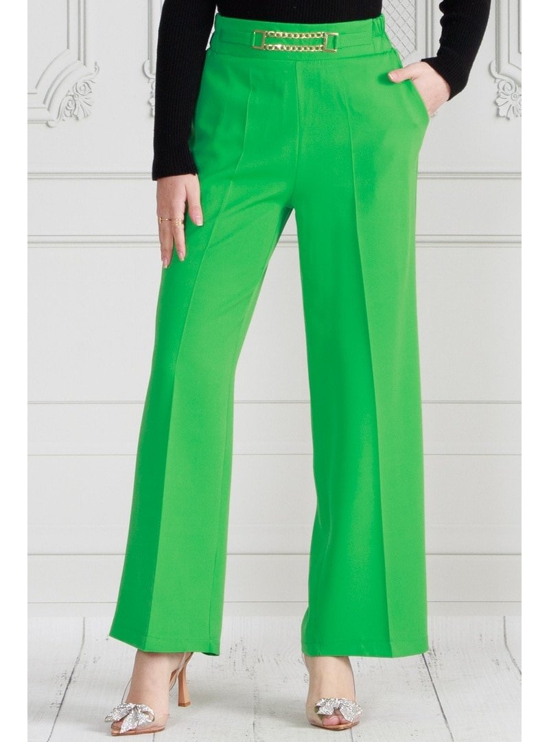 Sevitli Yeşil Beli Zincir Detaylı Bol Paça Pantolon