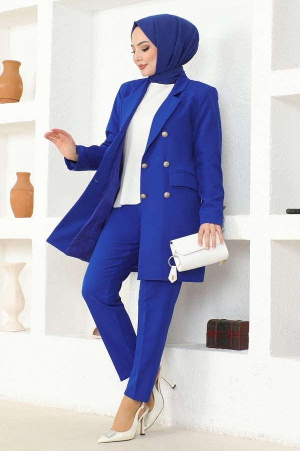 Moda Selvim Saks Blazer Ceketli Dabıl Takım