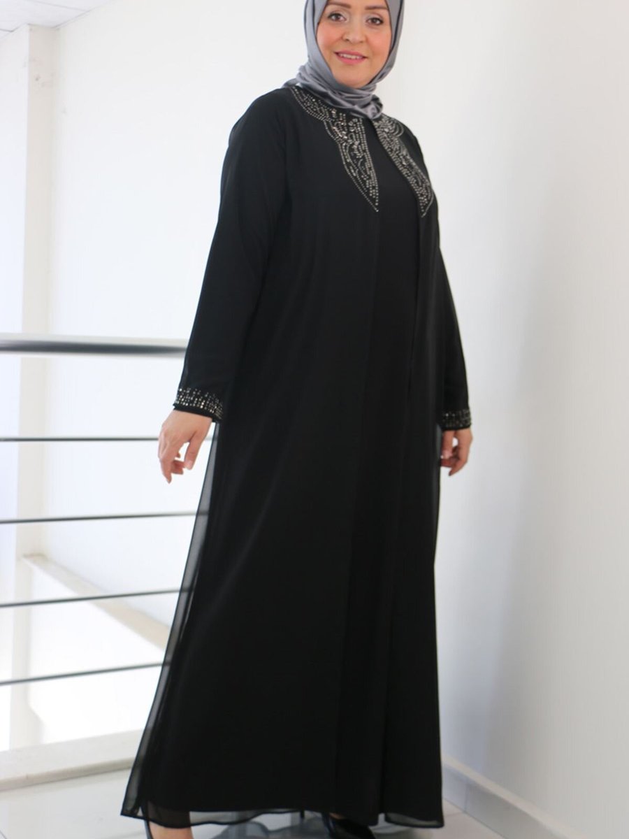 Moda Rosa Siyah Büyük Beden Yakası Taş Detaylı Sandy Şifon Takım