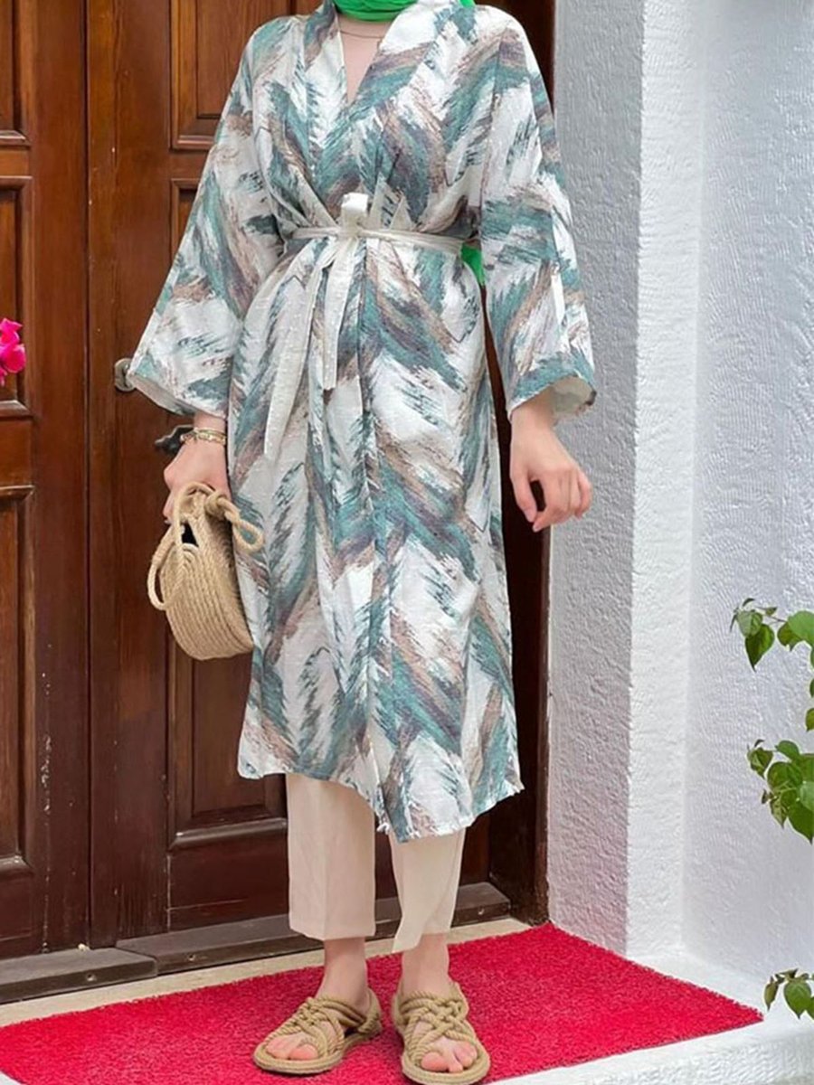 Moda Rosa Yeşil Fırça Desenli Keten Kimono