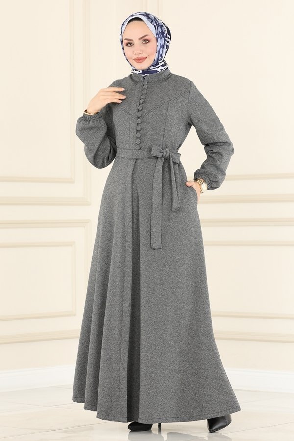 Moda Selvim Gri Düğmeli Kışlık Ferace