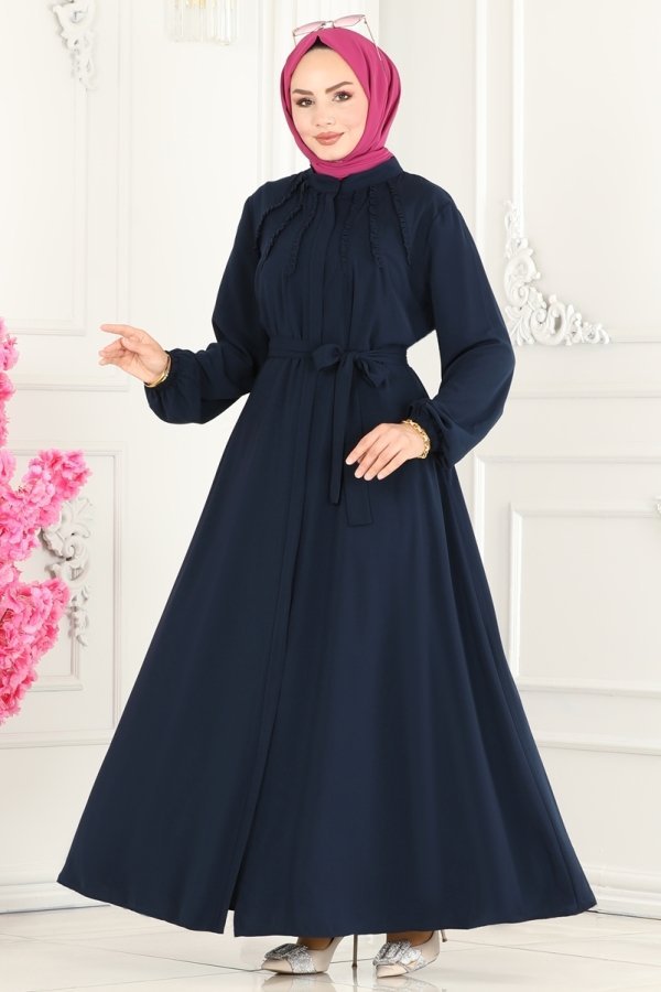 Moda Selvim Lacivert Fırfır Detaylı Medine İpeği Ferace
