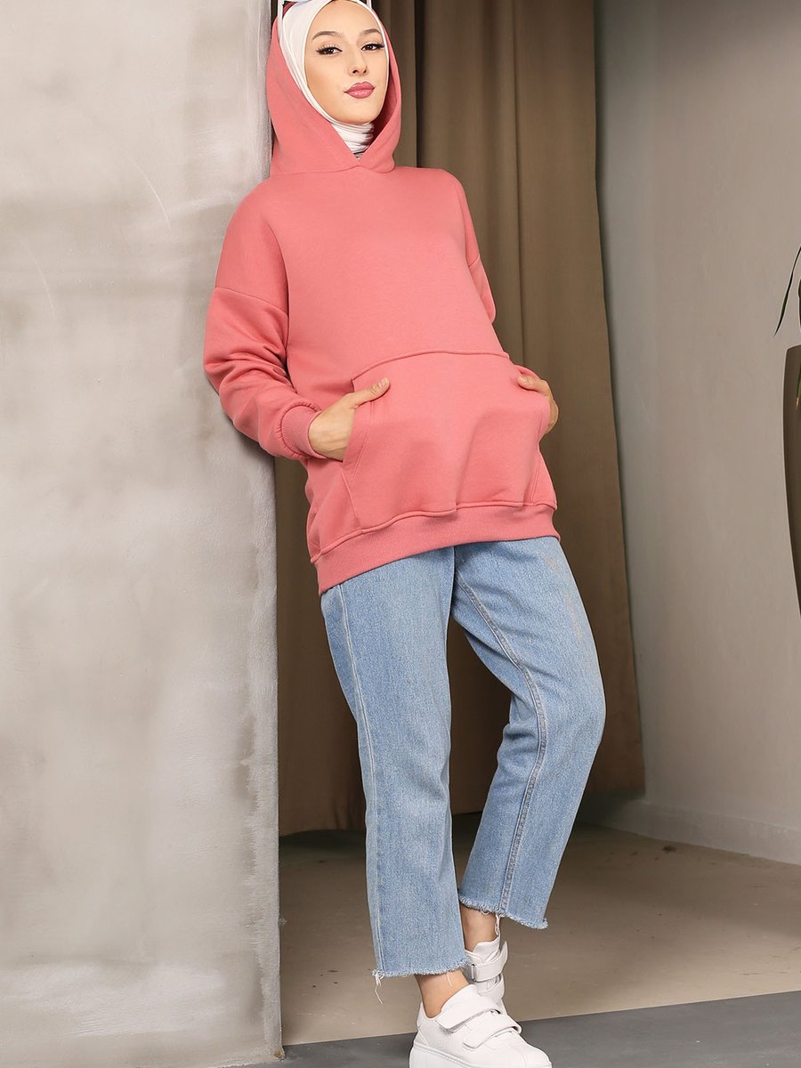 İmajbutik Gül Kurusu Kapüşonlu Oversize Üç İplik Şardonlu Sweatshirt