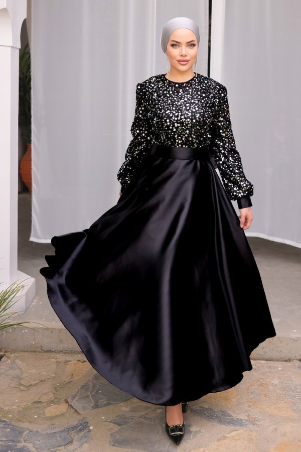 Moda Selvim Siyah & Gümüş Pul Detaylı Saten Abiye Elbise