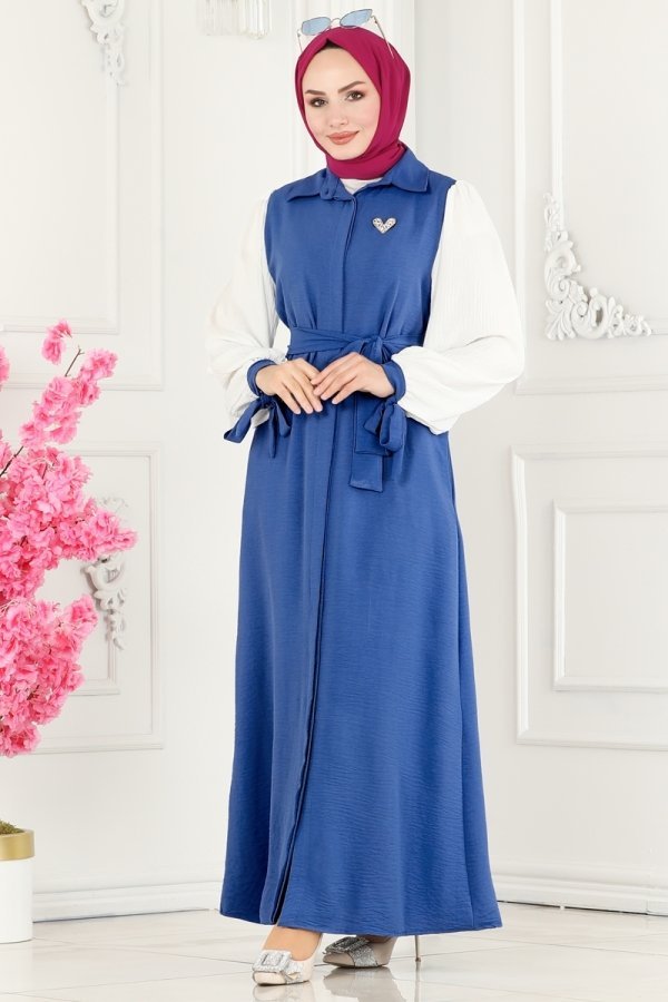 Moda Selvim İndigo & Ekru Gizli Düğmeli Mevsimlik Ferace