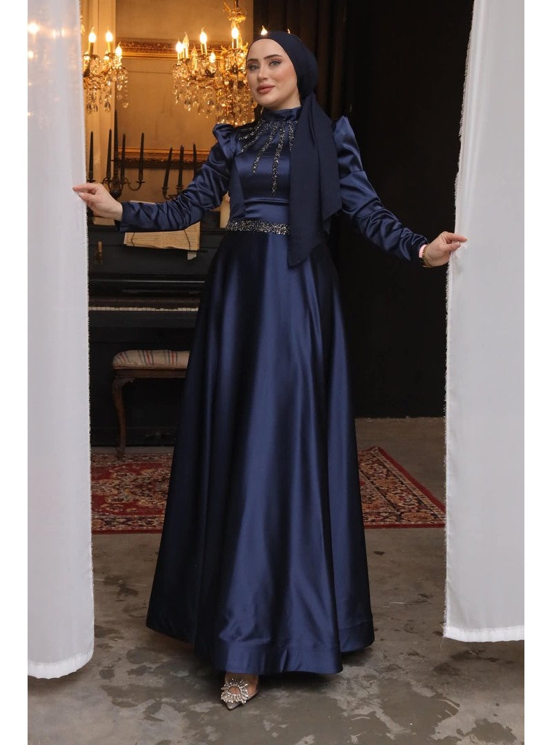 İmaj Butik Lacivert Hakim Yaka Taş İşlemeli Saten Abiye Elbise