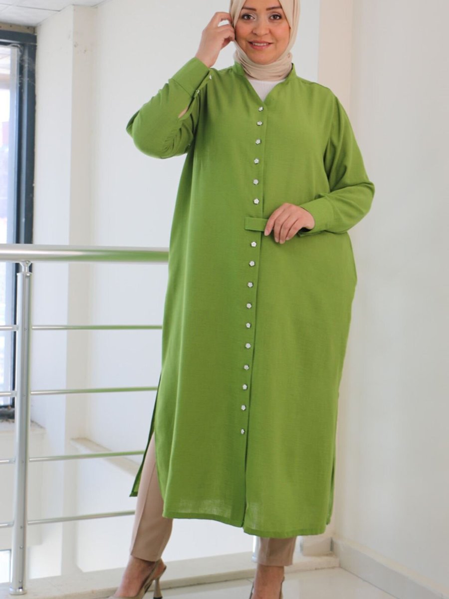 Moda Rosa Yağ Yeşili Büyük Beden Hakim Yaka Manşetli Keten Airobin Tunik