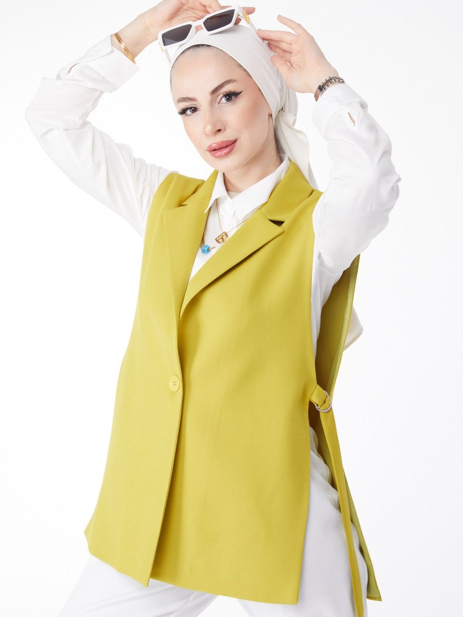Tofisa Düz Yaka Yeşil Sıfır Kol Blazer Ceket