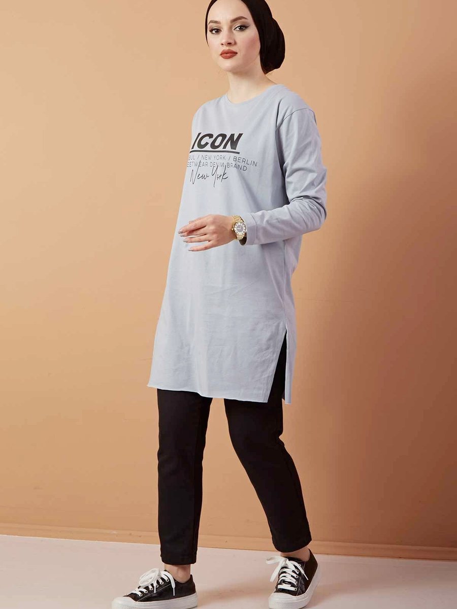 Moda Uğur Gri Icon Yazı Baskılı Sweat