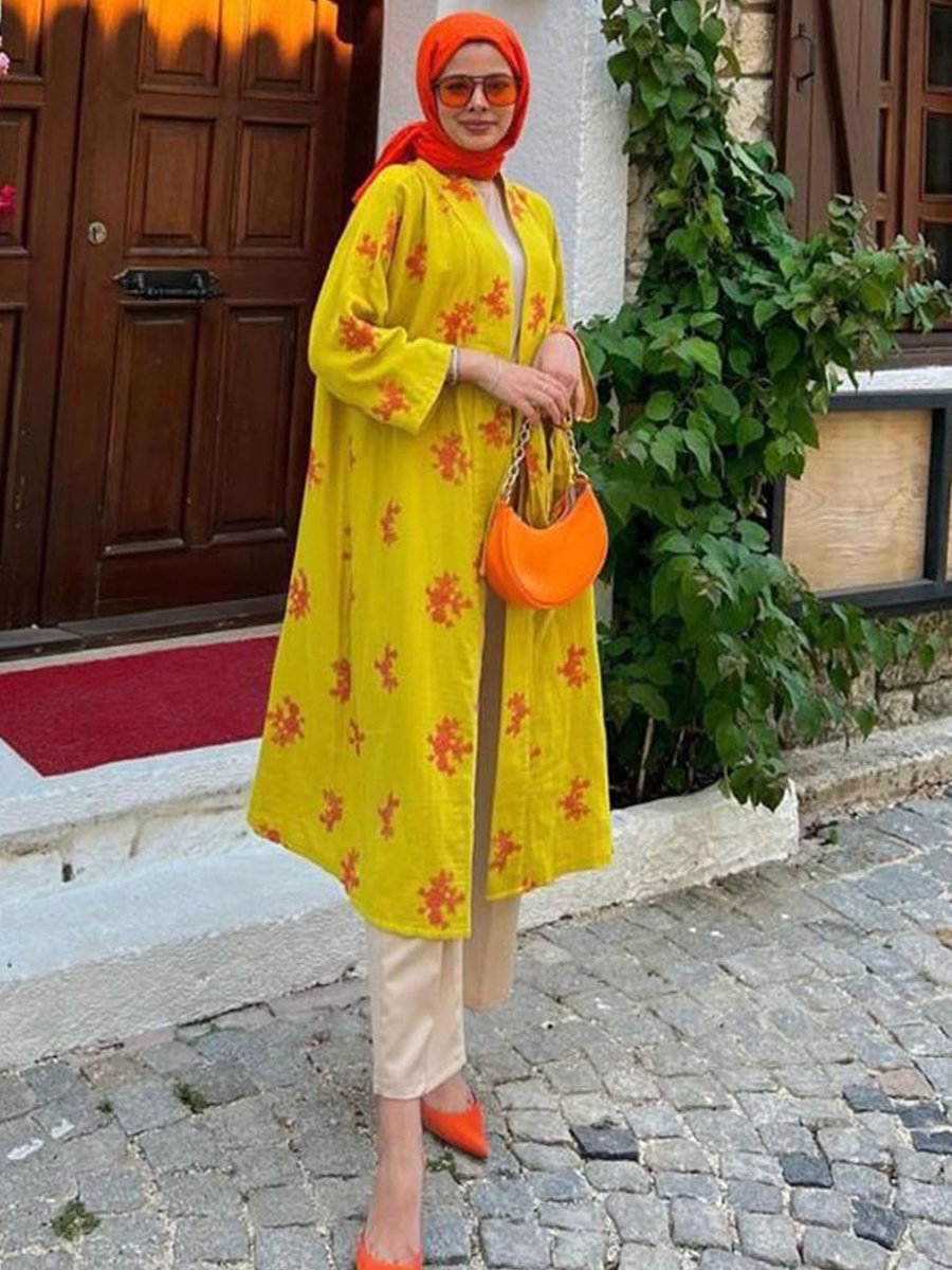 Moda Rosa Yağ Yeşil Çiçek Nakışlı Müslin Kimono