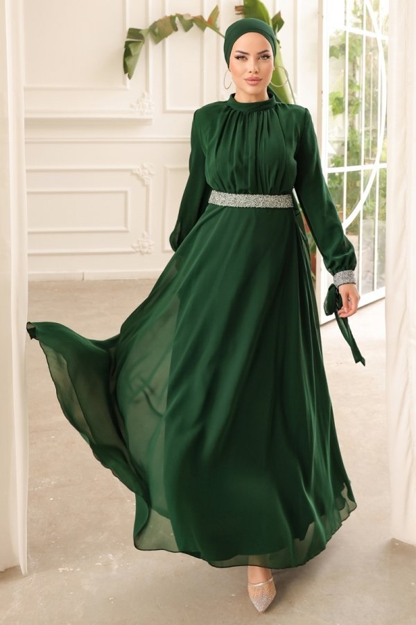 Moda Selvim Zümrüt Sual Manşeti Bağlamalı Şifon Abiye Elbise