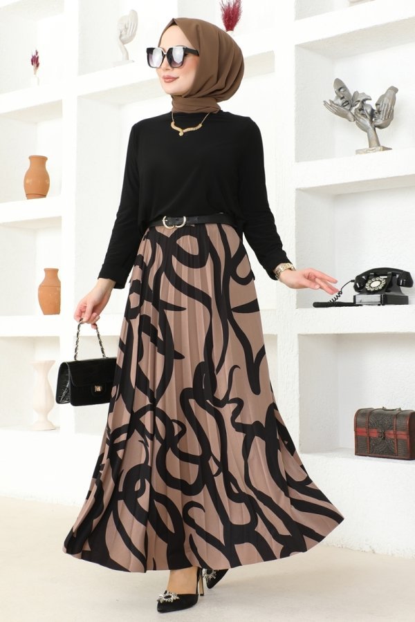 Moda Selvim Siyah & Koyu Vizyon Desenli Sandy Etekli Takım