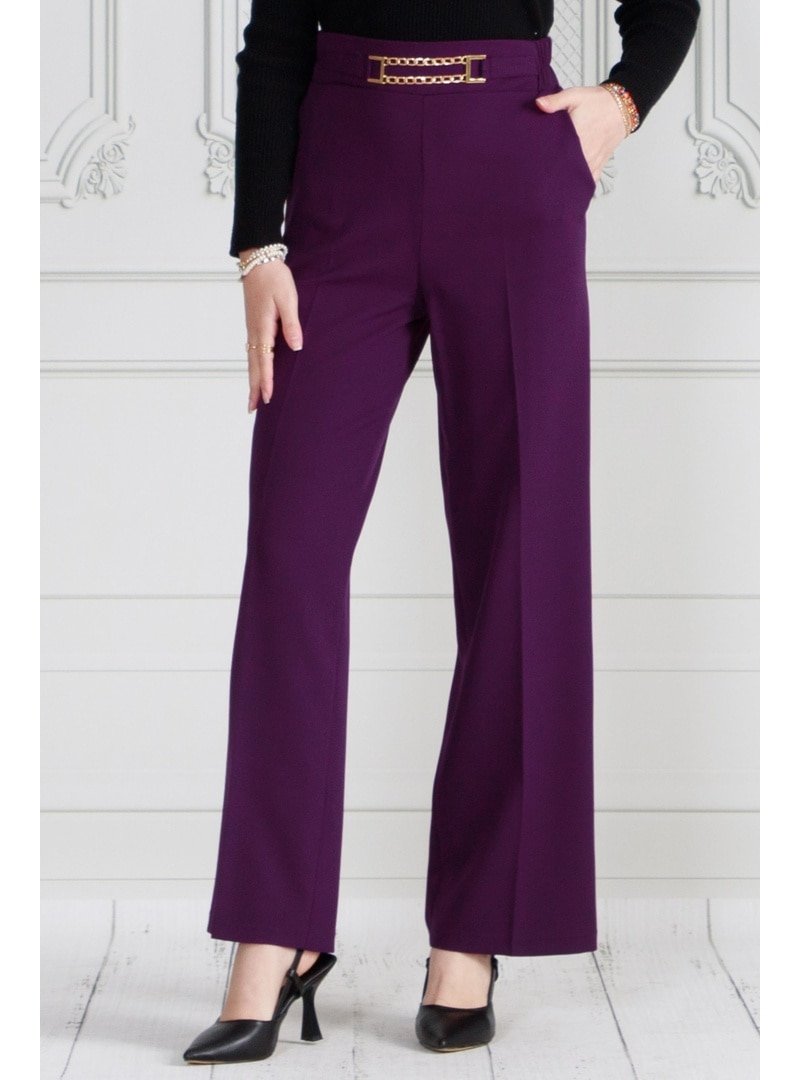 Sevitli Mürdüm Beli Zincir Detaylı Bol Paça Pantolon