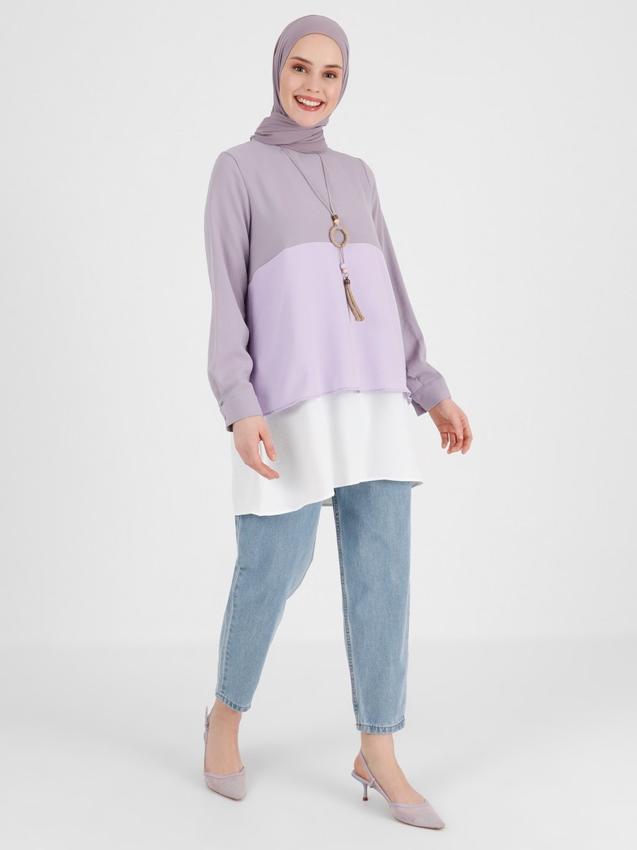 İmaj Butik Refka Casual Kolye Detaylı Renk Bloklu Aerobin Tunik Vintage Mor Antik Lila Ekru