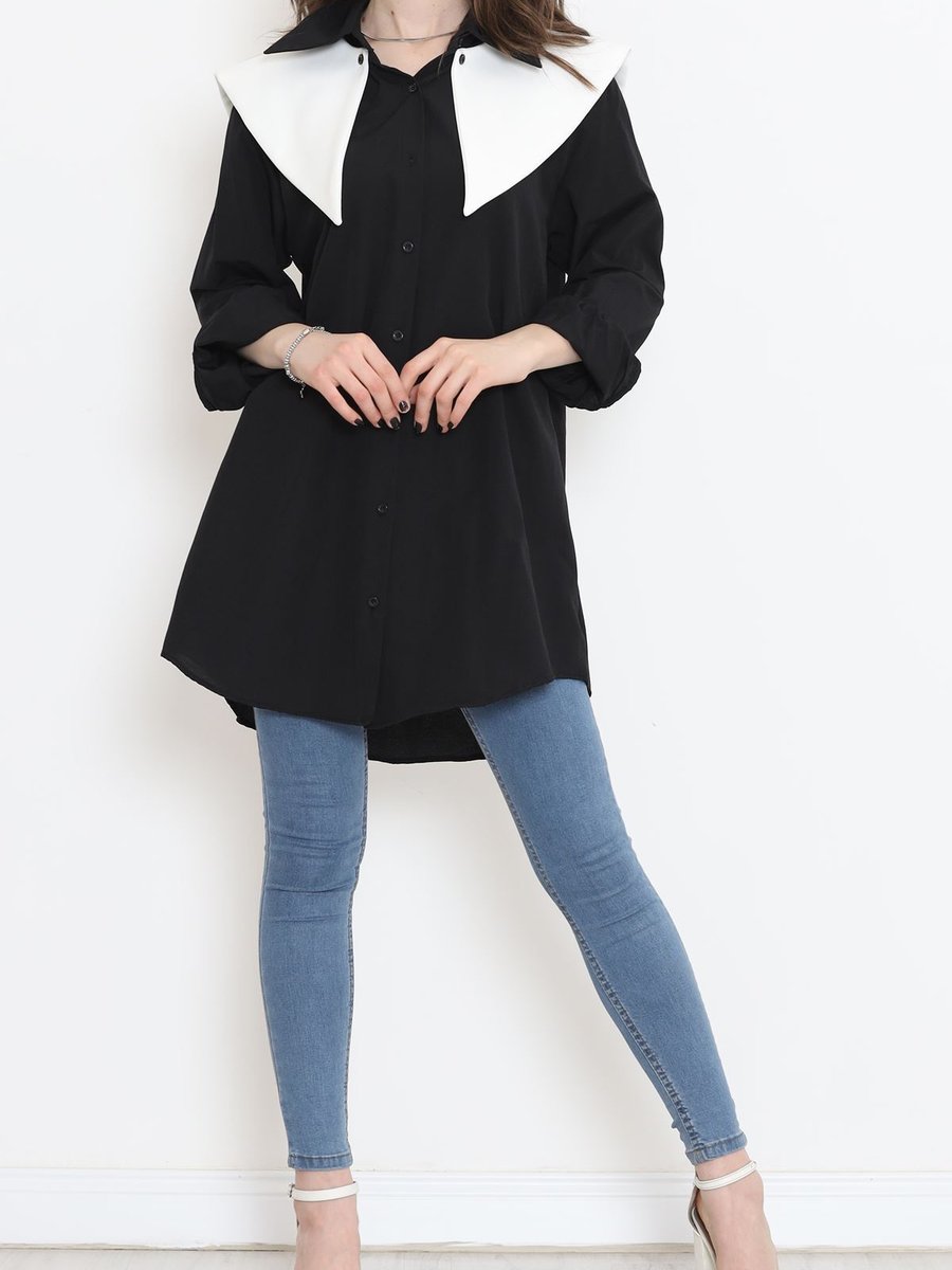 Velizade Yeni Sezon Konfor Modeli Oversize Geniş Yaka Detaylı Poplin Siyah Gömlek