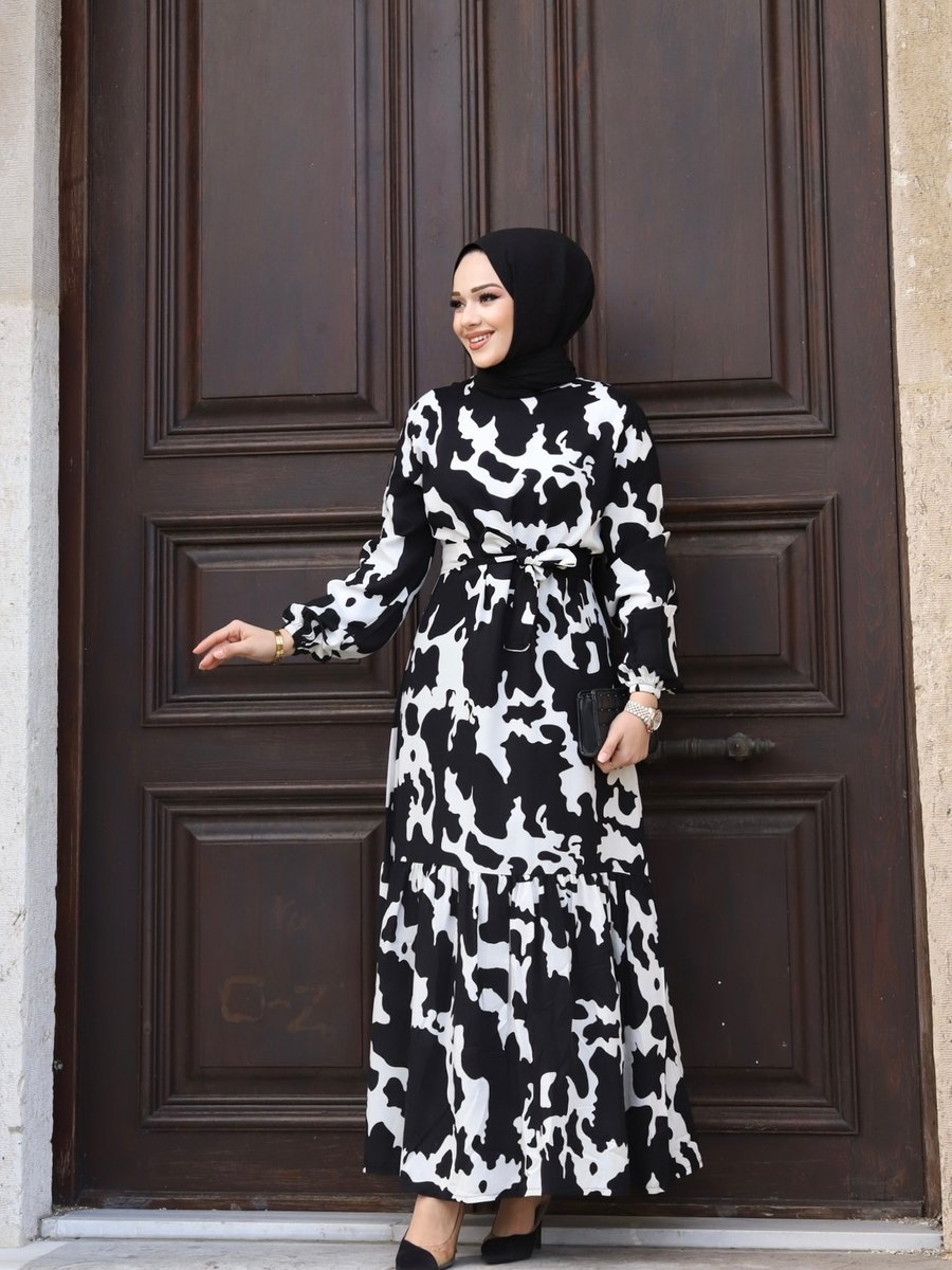 Sfg Life Moda Kadın Yazlık Tesettür Kuşaklı Dokuma Viskon Kumaş Şık Elbise